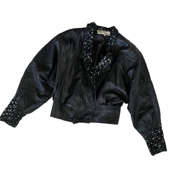 VTG Giovinezza Moda BY Rocco D’Amelio BLACK LEATHER 80s Jacket Rhinestone Xs - Picture 4 of 9